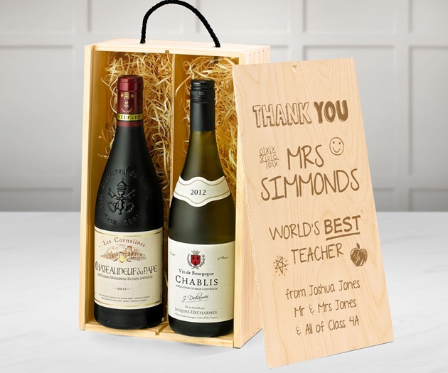 Gifts For Teachers Premium French Red & White Wine Gift Box With Engraved Personalised Lid